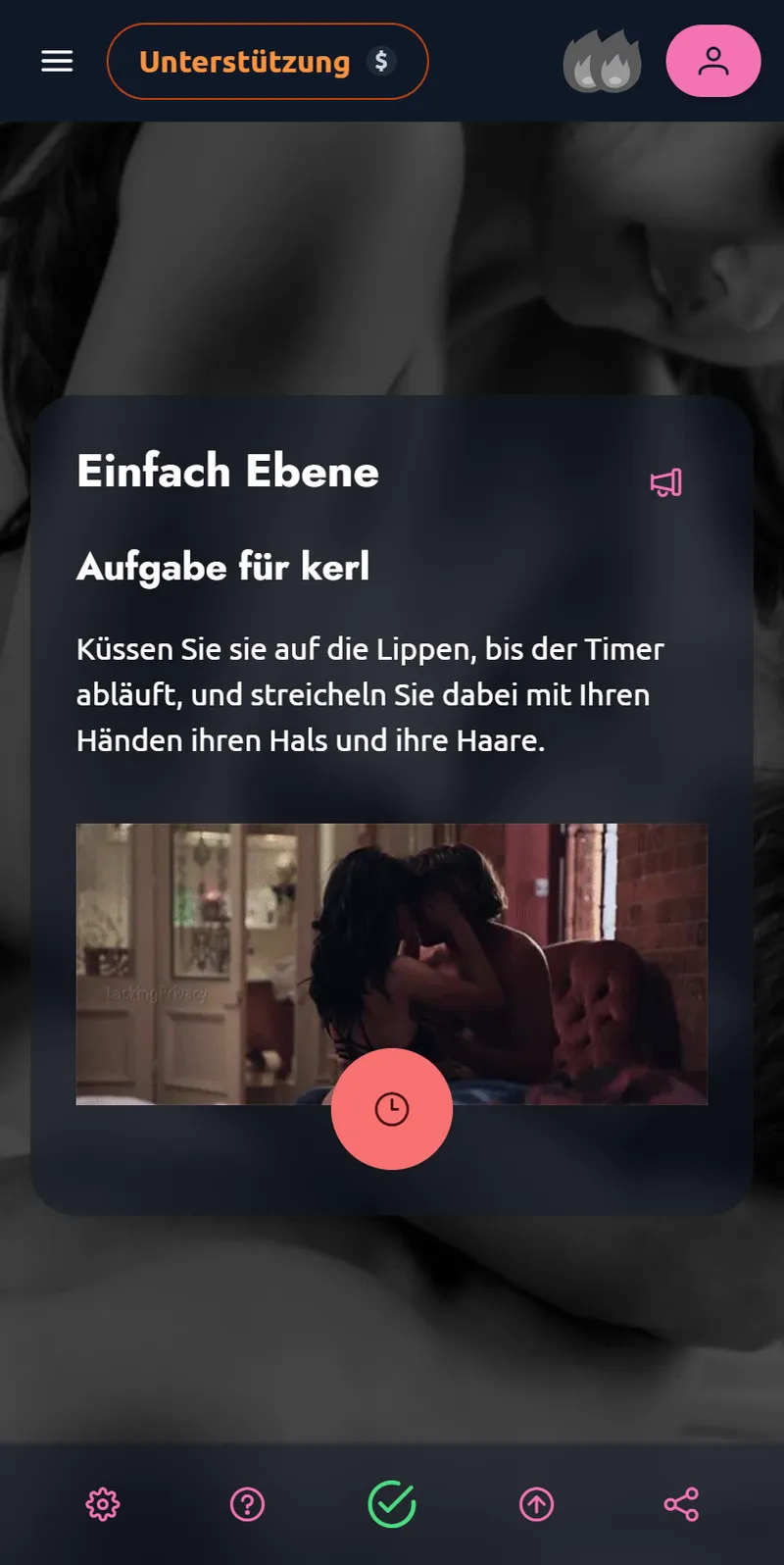 Ausschnitt einer leichten Spielkarte mit einer Kussaufgabe, einer Illustration und einem Timer
